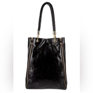 Badgley Mischka Black Leather Top Handle Bag with Gold Hardware